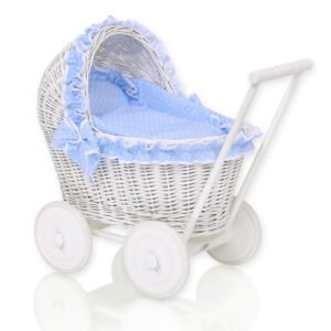 Wicker doll pushchair white with blue bedding and soft padding