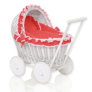Wicker doll pushchair white with red bedding and soft padding