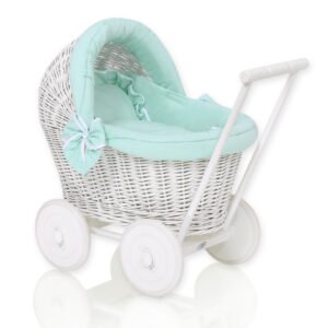 Wicker doll pushchair white with mint bedding and soft padding