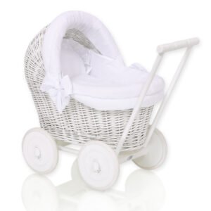 Wicker doll pushchair white with white bedding and soft padding