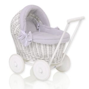 Wicker doll pushchair white with grey bedding and soft padding