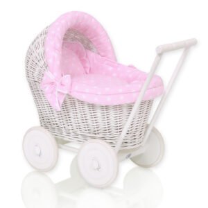 Wicker doll pushchair white with pink bedding and soft padding