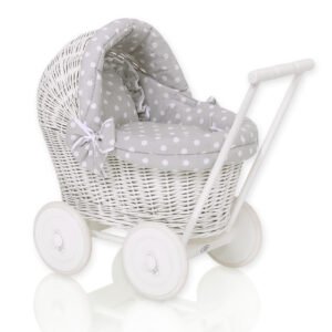 Wicker doll pushchair white with grey bedding and soft padding