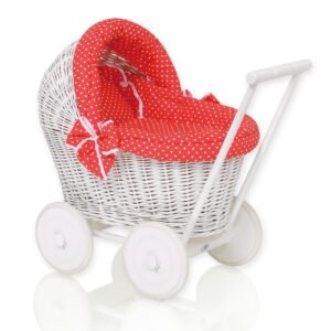 Wicker doll pushchair white with red bedding and soft padding