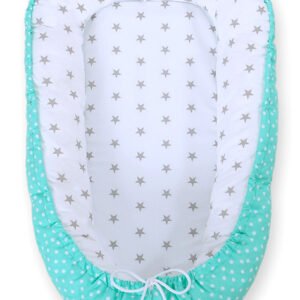Baby nest double-sided Premium Cocoon for infants BOBONO- grey stars/ dots on mint