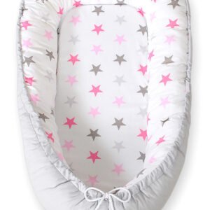 Baby nest double-sided Premium Cocoon for infants BOBONO- stars pink-grey/grey