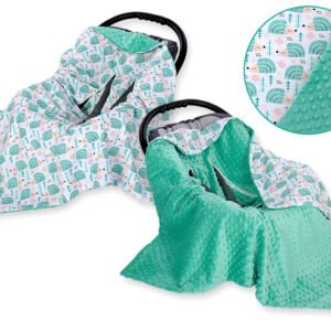 Big double-sided car seat blanket for babies - hedgehogs mint