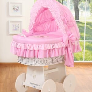 Moses Basket/Wicker crib with hood- Bear with bow pink