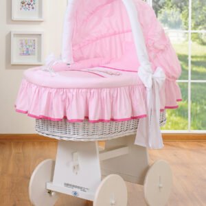 Moses Basket/Wicker crib with hood- Teddy Bear Barnaba pink