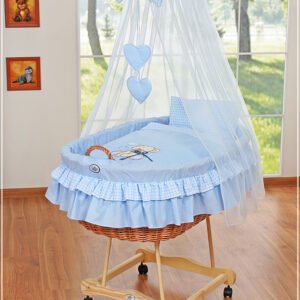 Moses Basket/Wicker drape crib- Bear with bow blue