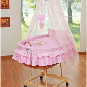 Moses Basket/Wicker drape crib- Bear with bow pink