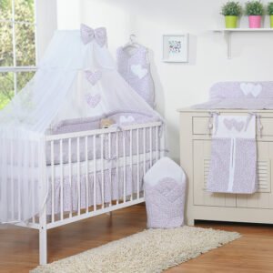 Bedding set 5-pcs with mosquito-net- Hanging Hearts pink flowers