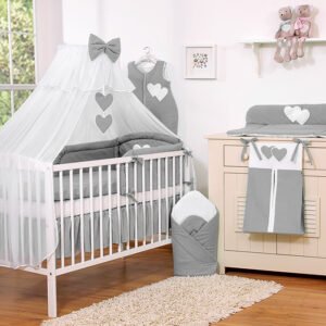 Bedding set 5-pcs with mosquito-net- Hanging Hearts anthracite