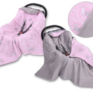 Big double-sided car seat blanket for babies - pink rabbits
