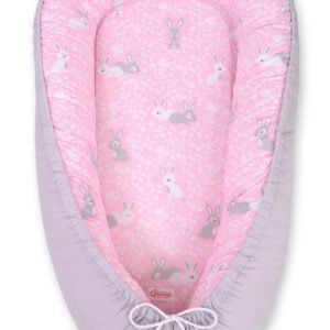 Baby nest double-sided Premium Cocoon for infants BOBONO- pink rabbits/gray
