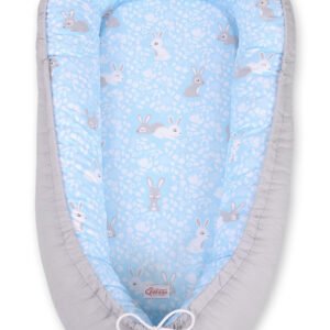 Baby nest double-sided Premium Cocoon for infants BOBONO- blue rabbits/gray