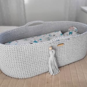Moses basket BOHO Handmade cotton with mattress - light gray