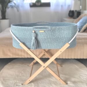 Moses basket BOHO Handmade with stand - misty blue
