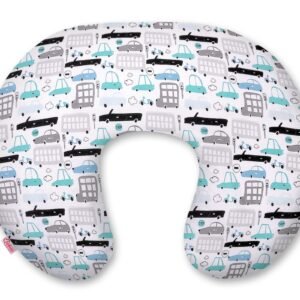 Breastfeeding Pillow Nursing Croissant Pillow, removable, Hands-Free Feedin- gray and turquoise cars
