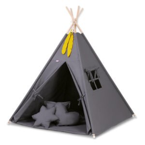 Teepee tent for kids + playmat + pillows + decorative feathers - anthracite