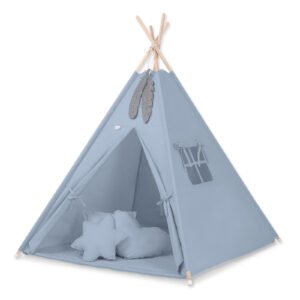 Teepee tent for kids + playmat + pillows + decorative feathers - pastel blue