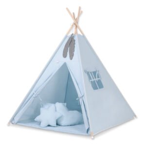 Teepee tent for kids + playmat + pillows + decorative feathers - blue