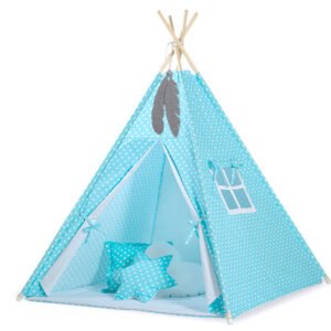 Teepee tent for kids + decorative feathers - White dots on turquoise