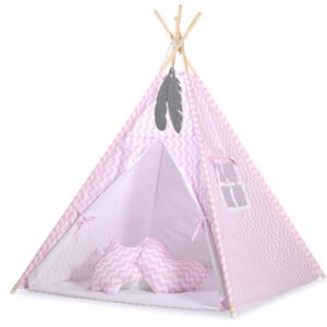 Teepee tent for kids +play mat + decorative feathers - Chevron pink