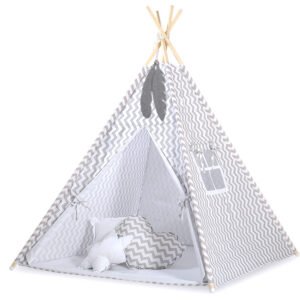Teepee tent for kids + playmat + pillows + decorative feathers - Chevron grey