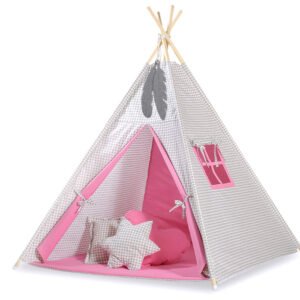 Teepee tent for kids + decorative feathers - Grey checkered- pink