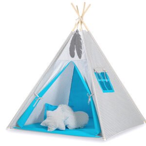 Teepee tent for kids + decorative feathers - Grey checkered- turquoise