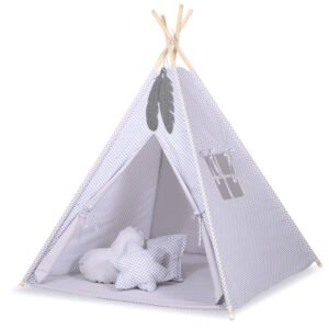 Teepee tent for kids + decorative feathers - grey rosette