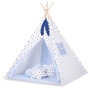 Teepee tent for kids + playmat + pillows + decorative feathers - Black Stars/blue