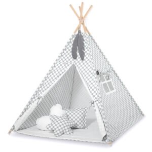 Teepee tent for kids + decorative feathers - grey with white dots