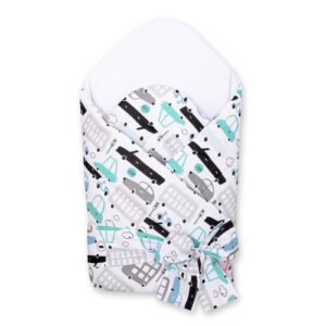 Baby nest with stiffening with bow - gray and turquoise cars