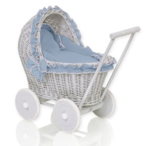 Wicker doll pushchair grey with pastel blue bedding and soft padding