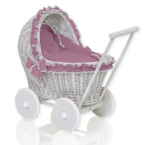 Wicker doll pushchair grey with pastel pink bedding and soft padding