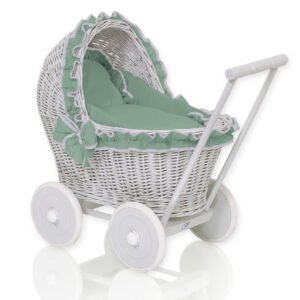 Wicker doll pushchair grey with pastel green bedding and soft padding