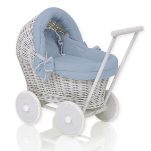 Wicker doll pushchair grey with pastel blue bedding and soft padding