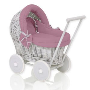 Wicker doll pushchair grey with pastel pink bedding and soft padding