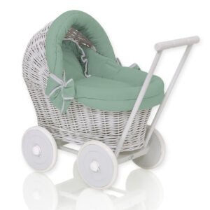 Wicker doll pushchair grey with pastel green bedding and soft padding